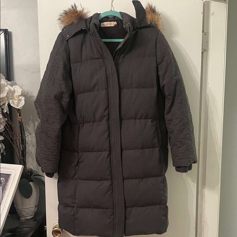 Tory Burch Woman’s Dark Gray Puffer Jacket with Faux Fur